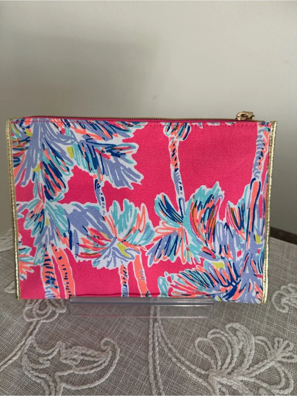 Lilly Pulitzer Pink Tropical Palm Pattern Top Zip Case with Gold Tone Trim